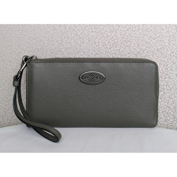 Coach L Zip Wallet Wristlet In Refined Grain Leather Olive Green Gunmetal 53413 - Picture 1 of 12